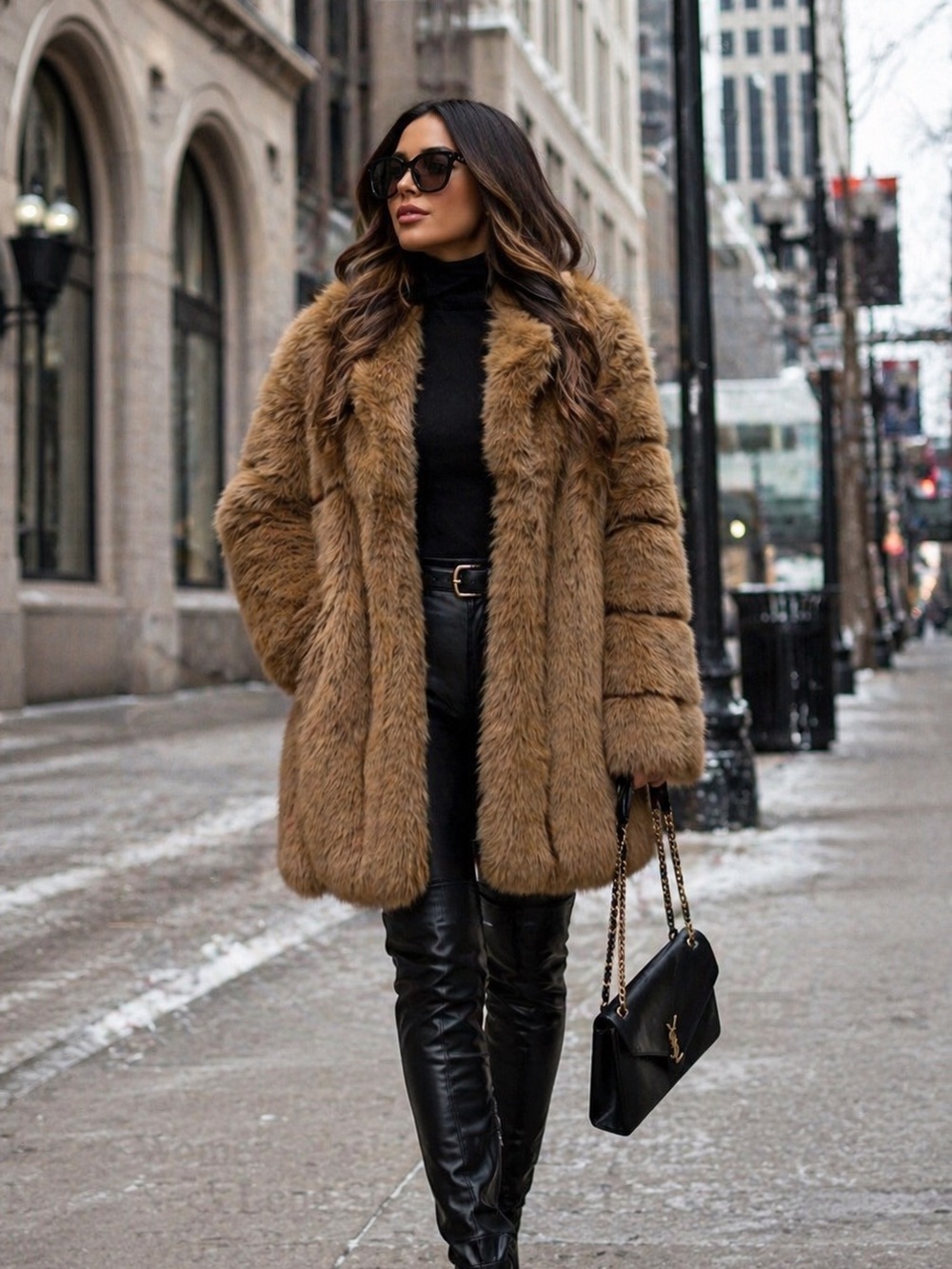 Womens Fashion Winter round Neck Long Sleeve Loose Thicken Warm Brown Faux Fur